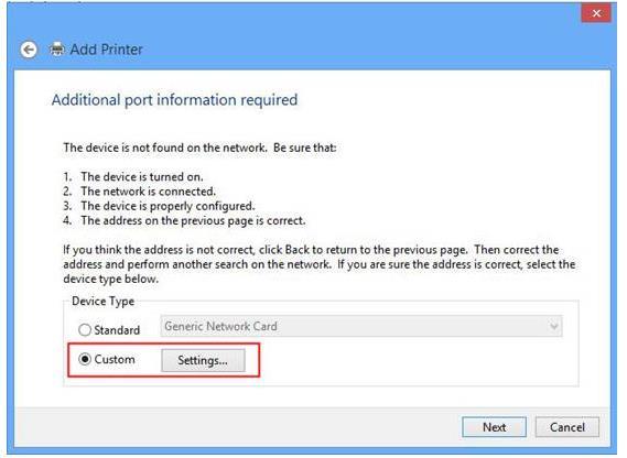 Step 5 Please select Custom and click Settings. Step 6 Please type the IP address of your Print Server in Hostname or IP address. The print server s IP should in same subnet with your router.