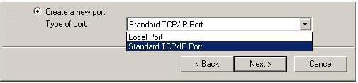 Step 6 The screen of Select a Printer Port will open. Select Create a new port and Standard TCP/IP Port. Step 7 Click Next. Step 8 Click Next again on the welcome screen.