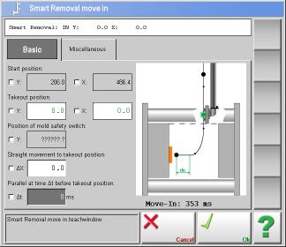 R8.3 USER MANUAL Page 209 3.3.4 Smart Removal 3.3.4.1 Smart Removal: In The command Smart Removal: IN is used to program a time optimized movement into the mold of the IMM in a very simple way.