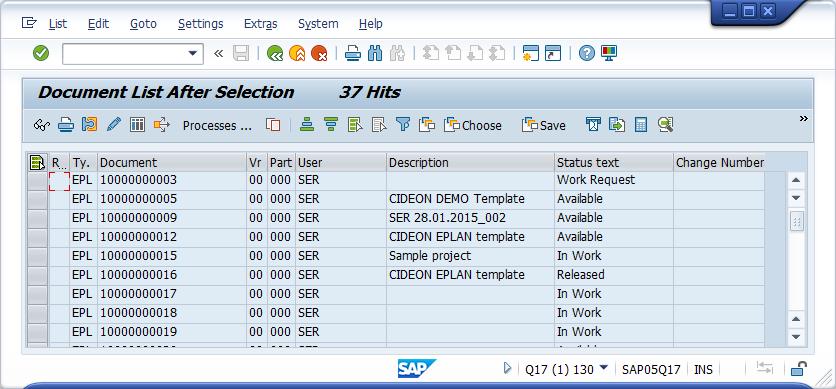 SAP GUI view "Document List After Selection" 4.3.