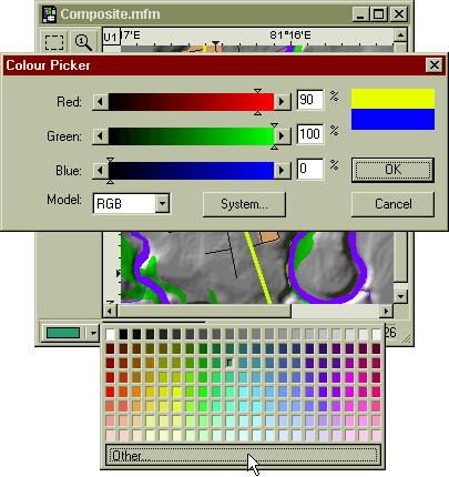 If the Other option is selected, the Colour Picker dialog box will open in either RGB, CMY, or HSL mode, depending on what colour model was used last (RGB is the default).