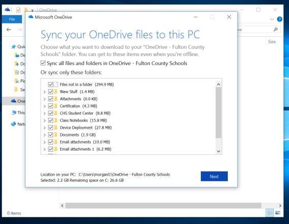 OneDrive Setup 3 of 4 The next step will allow you to sync any files already stored on