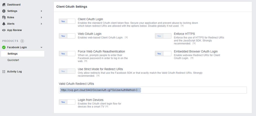 5. Under Facebook Login settings, enter the valid OAuth redirect URIs to allow authentication requests from your access points.