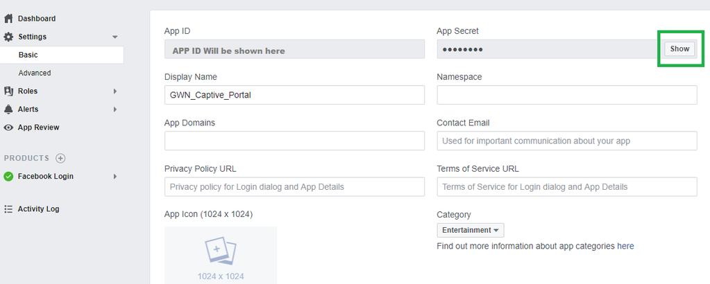 Figure 8: Facebook Developers Dashboard Configure Policy with Facebook Authentication After configuring the basic settings for the Facebook app, make sur to take note of the APP ID and Secret ID to