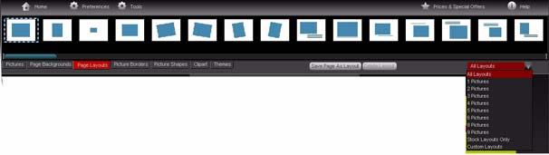 Creating a photo book Page Layouts 1. Select the Page Layouts tab in the Pictures/Templates Browser. 2. Select the drop-down menu to display page layouts of a specific type. 3.