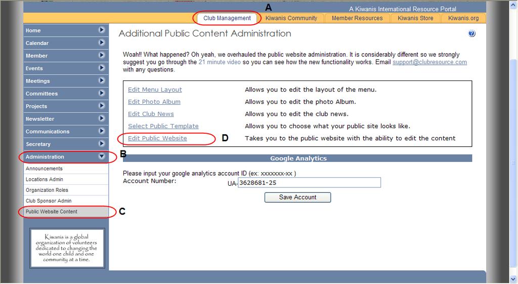 C. Click the Public Website Content menu link D.