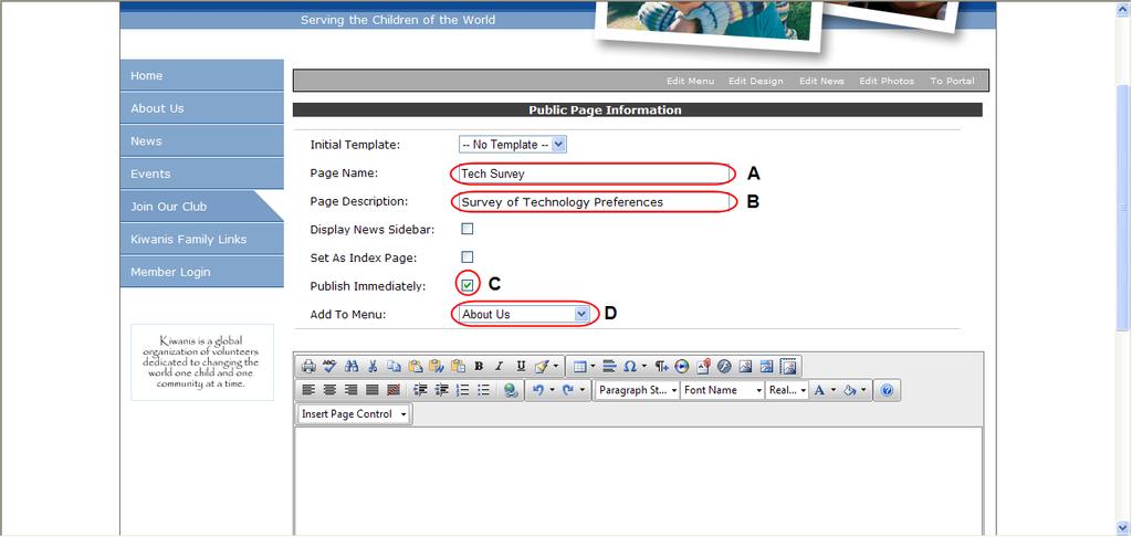 4. This creates a new page for you to edit: A. Type a Page Name (use something similar to the name of your form) B.