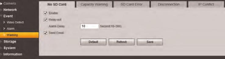 5 Setup To configure No SD Card errors: 1. Check Enable to enable No SD Card errors. 2. Check Relay-out to trigger an alarm out device when No SD Card errors occur.