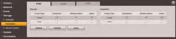 5 Setup To select the recording destination: 1. Under Record or Snapshot, check Local to record to the microsd card, or check FTP to record to FTP.