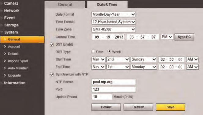 To configure date & time settings: 1. Configure the following: Date Format: Select the date format. Time Format: Select the time format (12 hour or 24 hour). Time Zone: Select your time zone.