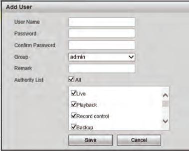 5 Setup 2. Configure the following: 2.1. User Name: Enter a user name for the user. The user name can be up to 15 characters including letters, numbers, and underscores. 2.2. Password: Enter a password for the user account.