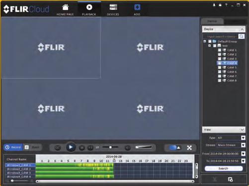 8 Using FLIR Cloud Client for PC or Mac To playback video: 1. Check the channels you would like to play back from in the Device List. 2. Under Type, check the file types you would like to search for.