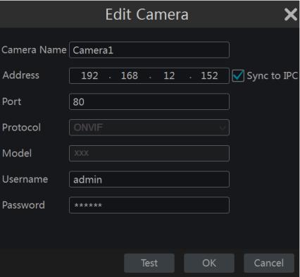 Input the new camera name, IP address, port, username and the password of the camera.