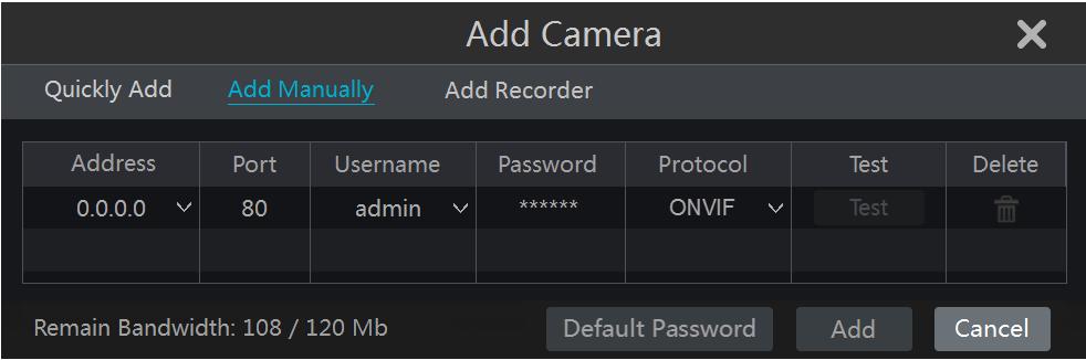 Camera Management Add Manually Input the IP address or domain name (click in the IP address column to pop up the domain name input window, input the domain name of the IPC in the window and then