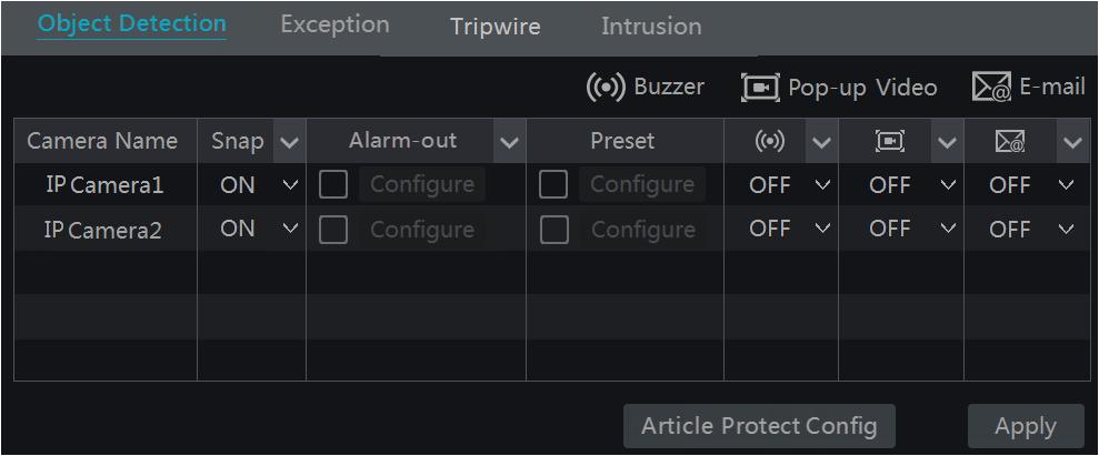 2 Enable or disable Snap, Alarm-out, Preset, Buzzer, Pop-up Video and E-mail.