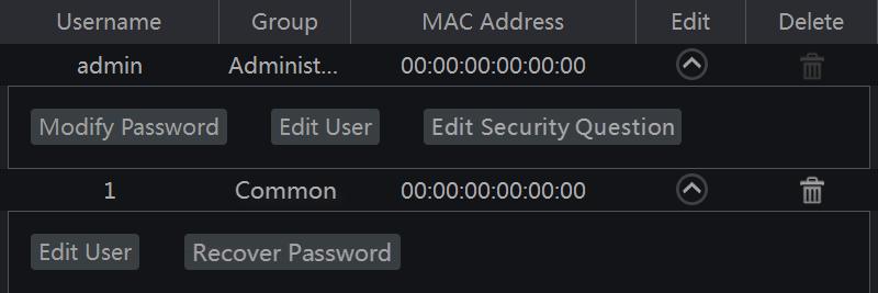 Click (the user admin cannot be deleted). in to delete the user Edit Security Question You can set password security only for admin.