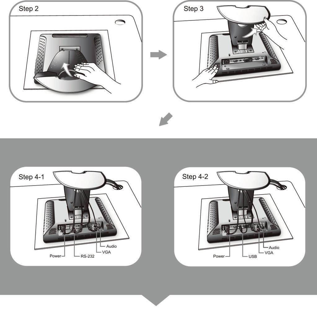 Start Your Installation 8 1. Lay the display flat on an even surface. 2. Remove the stand back cover by pulling in the direction of the arrow as seen in step 2 diagram. 3.