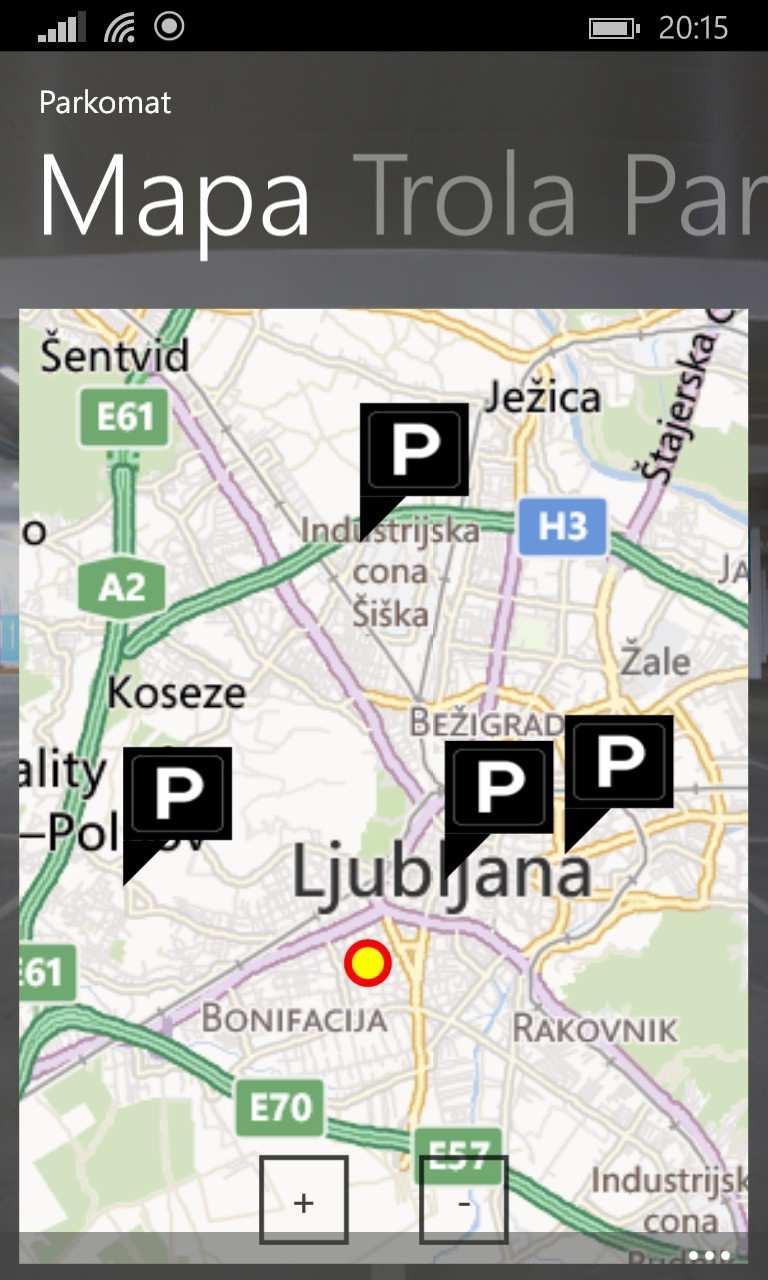 4.2. APLIKACIJA 17 4.2 Aplikacija Slika 4.1: Izgled aplikacije Na začetku aplikacije se pokaže zemljevid, kjer so naložene lokacije parkirnih hiš. Ta gradnik je prikazan v Pivot Item.