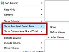 Grand Total Right click on a column name, select Show Row level Grand Total, or Show Column level Grand Total, then select location Or from the compound layout view, select the sum icon to the right