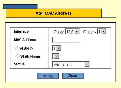 Allied Telesis AT-S95 Management Software Web Browser Interface User s Guide The MAC Address Page contains the following fields: View Static Displays the static addresses assigned to the ports on the