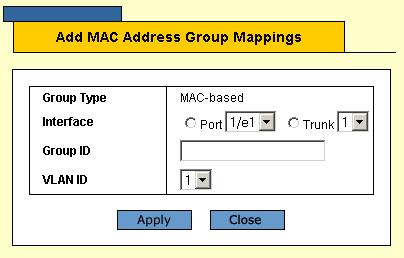Allied Telesis AT-S95 Management Software Web Browser Interface User s Guide To add a mapped group: 1. Click Layer 2 > MAC Based Groups. The MAC Based Groups Page opens: 2.