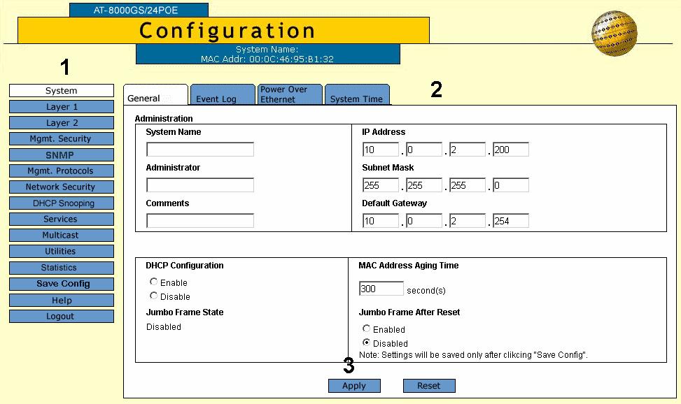 Allied Telesis AT-S95 Management Software Web Browser Interface User s Guide User Interface Components The System General Page example shows the interface components.