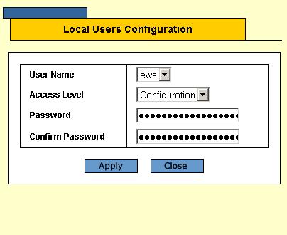 Allied Telesis AT-S95 Management Software Web Browser Interface User s Guide Figure 6: Local User Settings Page 4. Define the fields. 5. Click Apply.