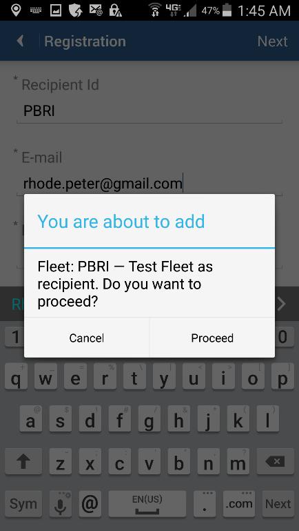 agree to add the selected recipient / fleet, click PROCEED The next step