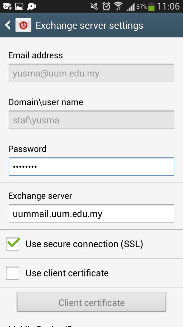 3. Verify the Exchange server settings are crrect, and tuch Next. 4.