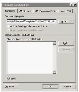 2.The Templates and Add-Ins dialog box opens. Click on the Attach button. 3.The Attach Template dialog box opens. Select the template that you want to apply to your document.
