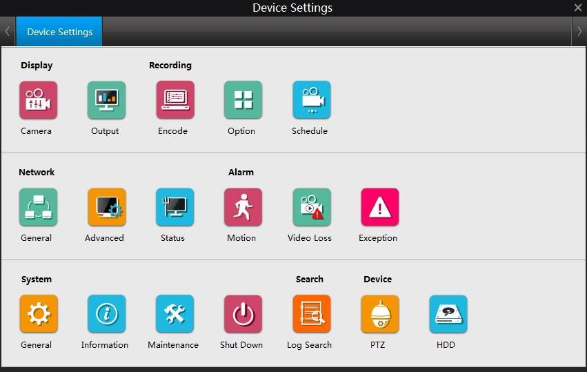 Device Settings: This screen allows for the changing of settings for the DVR and any of the