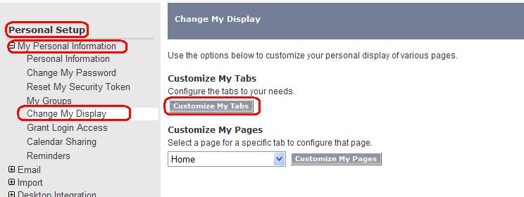 B. Displaying "S-Drive" and "S-Drive Configuration" Tabs 1. To display "S-Drive" and "S-Drive Configuration" tabs in your custom app (e.g. "Sales" app), go to "Setup -> Personal Setup -> My Personal Information -> Change My Display".