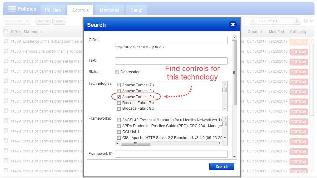 Search Controls You ll see Apache Tomcat 9.x when searching controls by technologies. IBM HTTP Server 9.