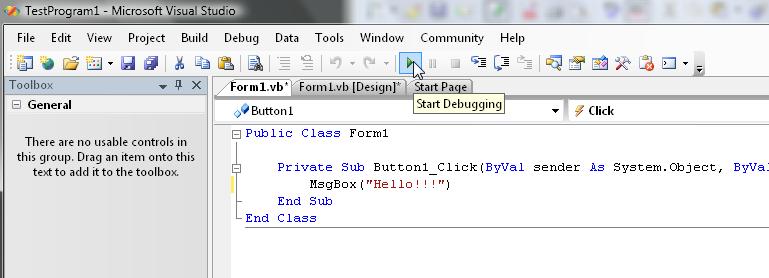 9. Click the Start Debugging icon as indicated below. This will build and publish the program in debugging mode. 10.