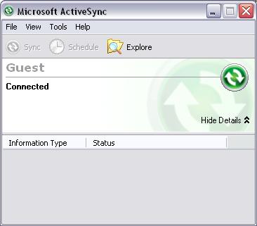 3. ActiveSync should connect to the CUWIN and display the following