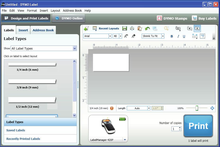 Printing Labels with DYMO Label v.8 Software The following figure shows some of the major features available in DYMO Label v.8. Visually choose your label type and apply layouts.