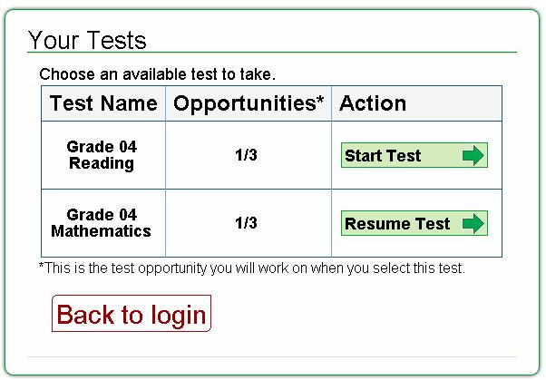 Resuming a Paused Test To continue a previously started test, students follow the same process used to start a new test. Upon logging in, students see the screen displayed in Figure 9.