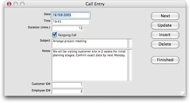 8. Again, follow the same steps as above and create a window for managing calls data. Name the window phonecallentry and give it a title of Call Entry.