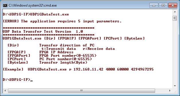 4 Test Software description Figure 4-1 udp1gdatatest application parameter udp1gdatatest is an application on PC for sending or receiving UDP data. There are five parameters.