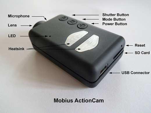 Instruction Manual for the Mobius ActionCam Description The above picture shows the arrangement of the user operating features. The two heatsinks can become very hot during operation. This is normal.