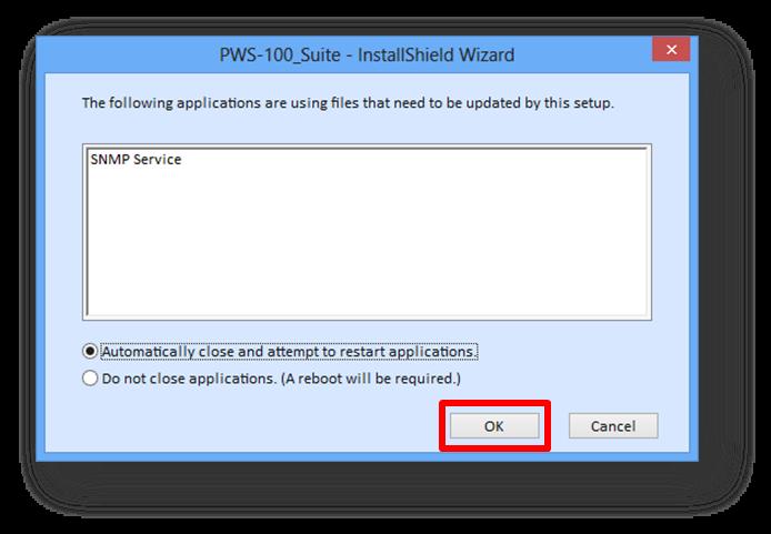 6. If SNMP PWS-100 Error dialog box is displayed. Click [OK] to continue. 7. When software uninstallation has been completed, click [Finish].