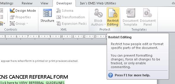 9. You are now ready to disable protection for an EMIS Web document template.