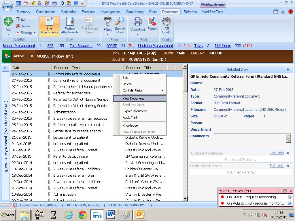 You can also email a file you have already created and saved from the Documents screen in the patient s