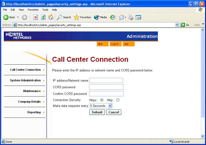 22 Configuration Figure 14: Call Center Connection Page Enter the IP Address or the Network Name of the Business Communications Manager.