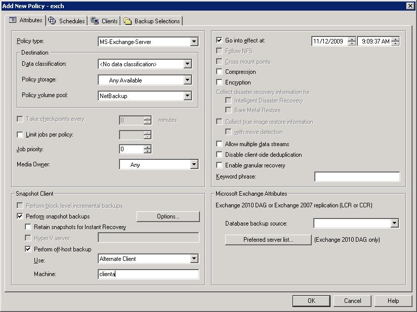 Configuring NetBackup for Exchange About configuring snapshot backups of Exchange Server 93 5 Click Perform snapshot backups. 6 In the Snapshot Client group, click Options.