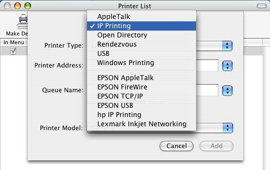 Adding an IP Printer To add an LPD enabled printer, click IP Printing in the drop-down menu in the Printer List window.