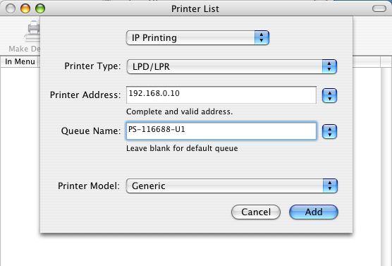 Type the port name in Queue field. 3. The printer utility is able to detect the printer and may automatically select the correct printer driver in the Print Model field.