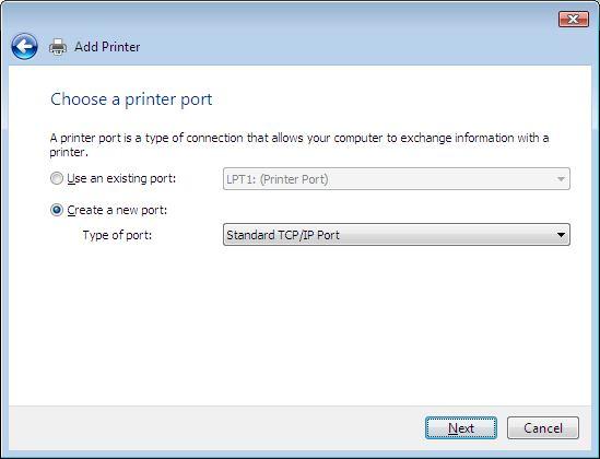 Select Create a new port, select Standard TCP/IP Port and then click Next.