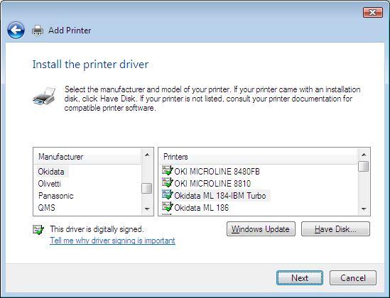Click Next. The Printer Install Wizard will now prompt for drivers.
