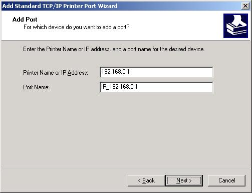 Input the IP Address of the Print Server, and the Port name of the
